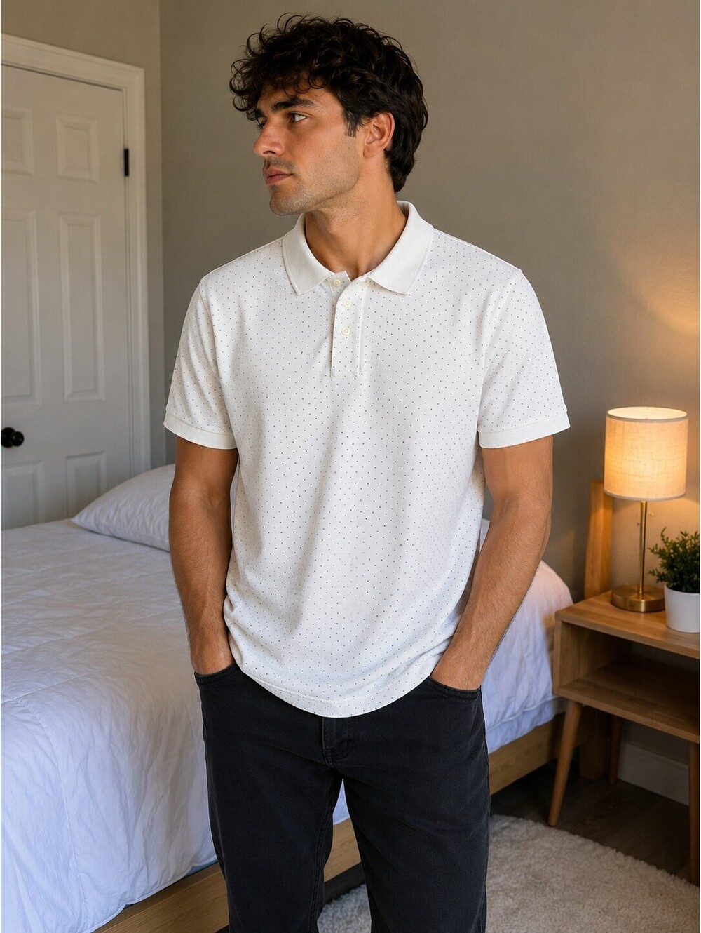 Old Navy Classic Fit White Polo Shirt with Subtle Dotted Pattern, Size Large